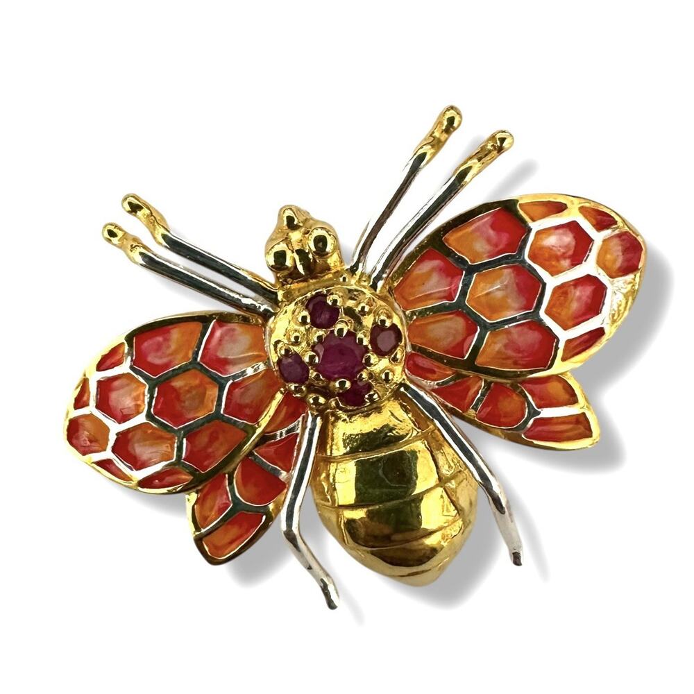 New Sterling Silver Orange Bee Brooch Pendant with Rubies & Myanmar Enamel Wings